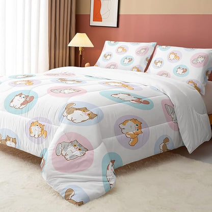 Datura home White Kawaii Cat Comforter Bedding Set Girls Kitten White Print Cute Animal Pattern Bedding Set 1 Comforter 2 Pillowcases Girls Bedroom All Season(Cat White Full) Full 80x90''