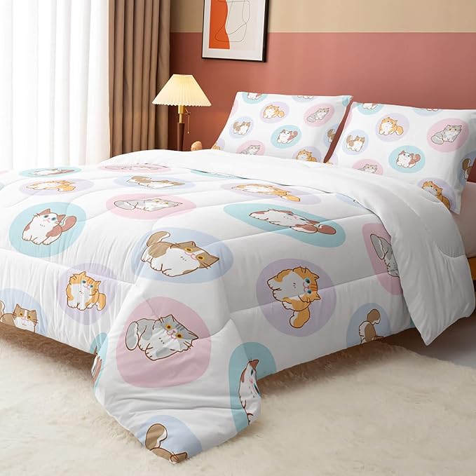 Datura home White Kawaii Cat Comter Bedding Set Girls Kitten White Print Cute Animal Pattern Bedding Set with 1 Comter and 2 Pillowcases Girls Bedroom All Season(Cat White), Queen 90x90inches