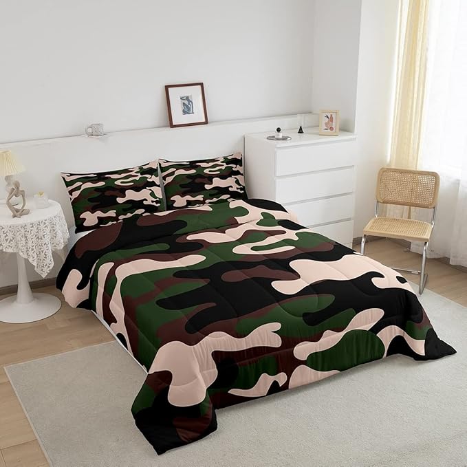 Feelyou Full Size Camouflage Comforter Set 3Pcs Kids Bedding Set for Boys Girls Teens 1 Comforter & 2 Pillowcases(Full,Army Green)