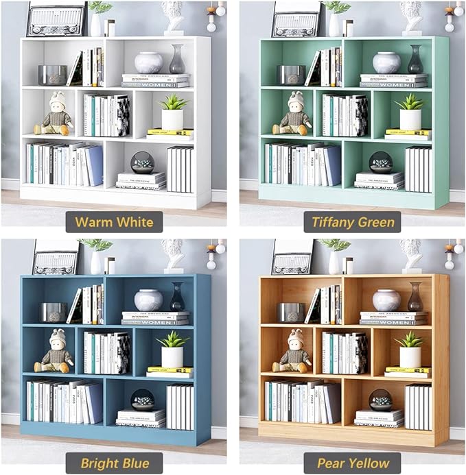 IOTXY Open Shelf Low Bookcase - Wooden 3-Tier Floor Standing Display Cabinet Organizer with Base, 7 Cubes Short Horizontal Bookshelf in Tiffany-Green