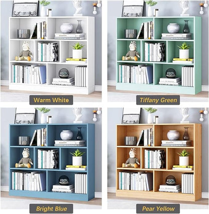 IOTXY Open Shelf Low Bookcase - Wooden 3-Tier Floor Standing Display Cabinet Organizer with Base, 7 Cubes Short Horizontal Bookshelf in Bright Blue