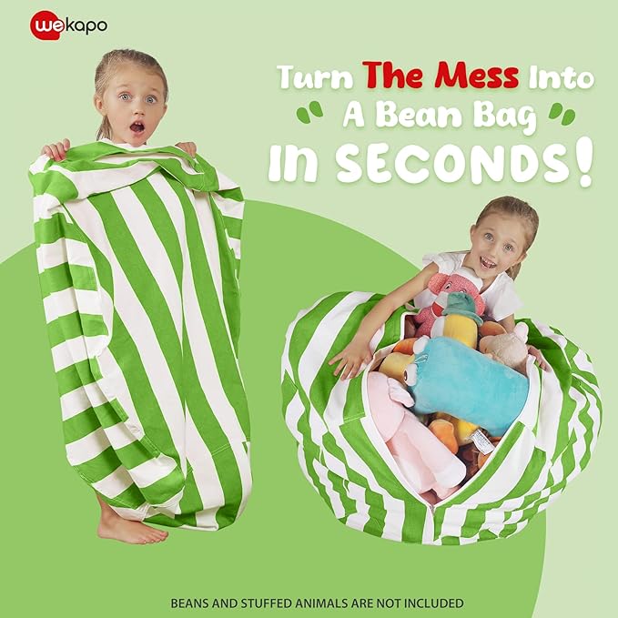 Wekapo Stuffed Animal Storage Bean Bag Chair Cover for Kids | Stuffable Zipper Beanbag for Organizing Children Plush Toys Large Premium Cotton Canvas (Green, X-Large)