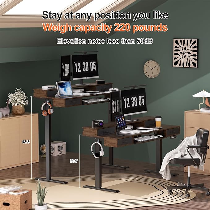 Electric Standing Desk, Multifunctional Standing Desk Adjustable Height, 63 * 24 Standing Desk with 4 Drawers, Ergonomic Adjustable Standing Desk with Keyboard Tray, Rustic Brown
