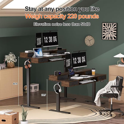 Electric Standing Desk, Multifunctional Standing Desk Adjustable Height, 63 * 24 Standing Desk with 4 Drawers, Ergonomic Adjustable Standing Desk with Keyboard Tray, Rustic Brown