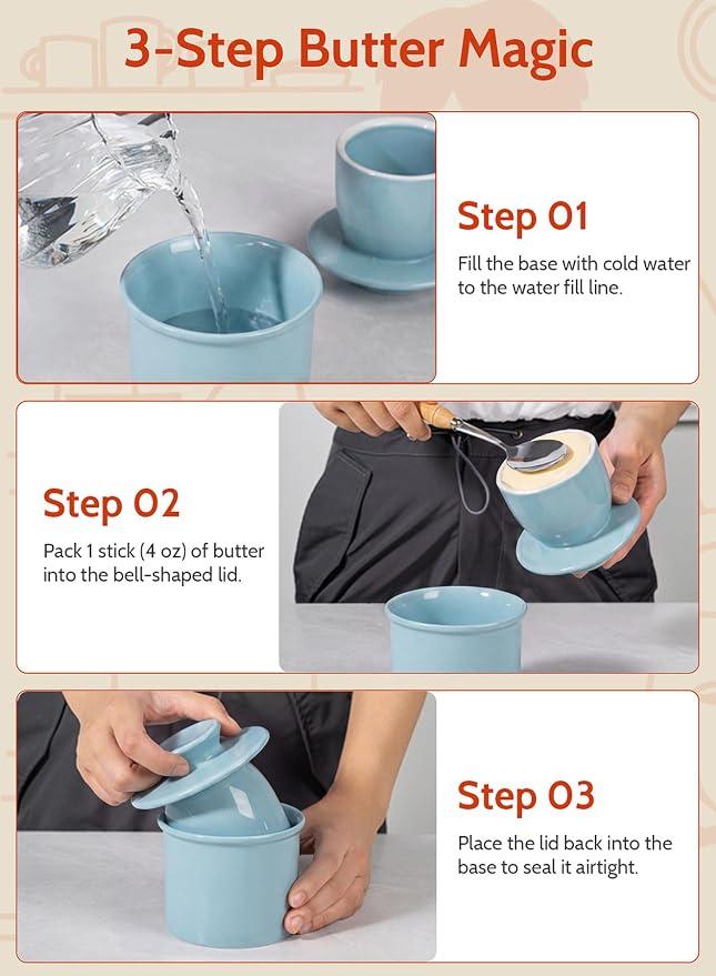 Sweese Counter with Water Line for Fresh Spreadable Butter - French Butter Keeper with Lid - Housewarming Gift For The One Who Has It All - Bluish Grey