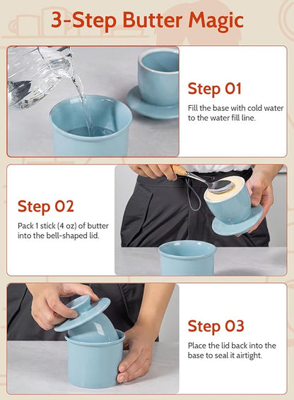 Sweese Counter with Water Line for Fresh Spreadable Butter - French Butter Keeper with Lid - Housewarming Gift For The One Who Has It All - Bluish Grey