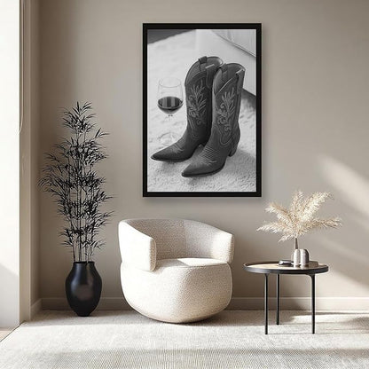 Cowboy Boots And Red Wine, Western Aesthetic, Black And White, Modern Fashion Poster Canvas Poster Wall Art Decor Print Picture Paintings for Living Room Bedroom Decoration Black Frame 12x18in(30x45cm