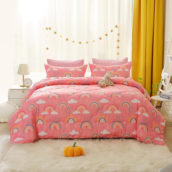 Twin Rainbow Comforter Set for Kids Girls Teens 7 Piece Pink Cloud Sun Pink Bed in a Bag 3D Cute Cartoon Love Hearts Bedding Set
