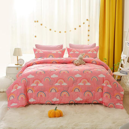 Twin Rainbow Comforter Set for Kids Girls Teens 7 Piece Pink Cloud Sun Pink Bed in a Bag 3D Cute Cartoon Love Hearts Bedding Set