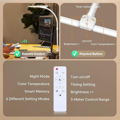 LED Desk Lamp for Home Office, Remote Control LED Desk Light with Color Changing Dimmable Computer lamp with Flexible Gooseneck, 24W, Double Head, White