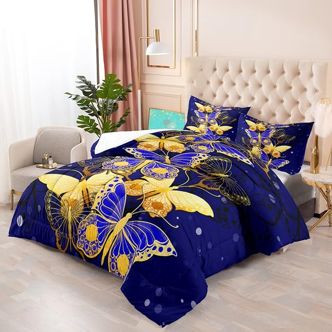 Butterfly Comforter Set, Bed Comforter Twin Set Bedroom Blue Gold Butterfly Bedding Sets for Girls Teens Retro Vintage Soft Quilt Set Twin Size, 2 Piece 1 Comforter + 1 Pillowcase