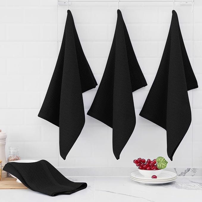 Homaxy 100% Cotton Oversized Waffle Weave Kitchen Towels 4-Pack, Black | 20 x 28 Inches, Ultra Soft Absorbent Dish Towels, Quick Drying Large Cleaning Towels