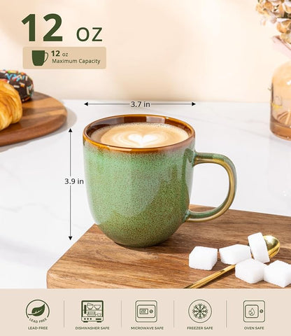 LERATIO Ceramic Coffee Mugs Set of 6,12oz Handmade Coffee Mugs Set with Large Handle for Cappuccino/Latte/Tea/Hot Cocoa, Dishwasher & Microwave Safe-Sage Meadow Green