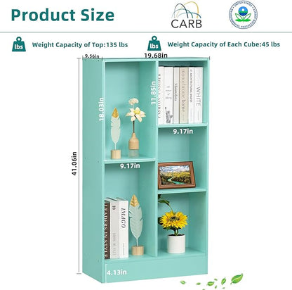 LEYAOYAO 5 Cube Bookshelf with Base,3 Tier Modern Mint-Green Kids Bookcase,Standing Wide Bookshelves Storage Organizer Toy Shelf,Wood Display Children's Book Shelves for Bedroom,Living Room,Nursery