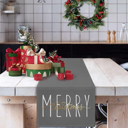 ONWAY Merry Christmas Gold Table Runner Winter Xmas Holiday Kitchen Dining Farmhouse Table Decor for Indoor Outdoor Home Party Decorations 13x72 Inch Grey