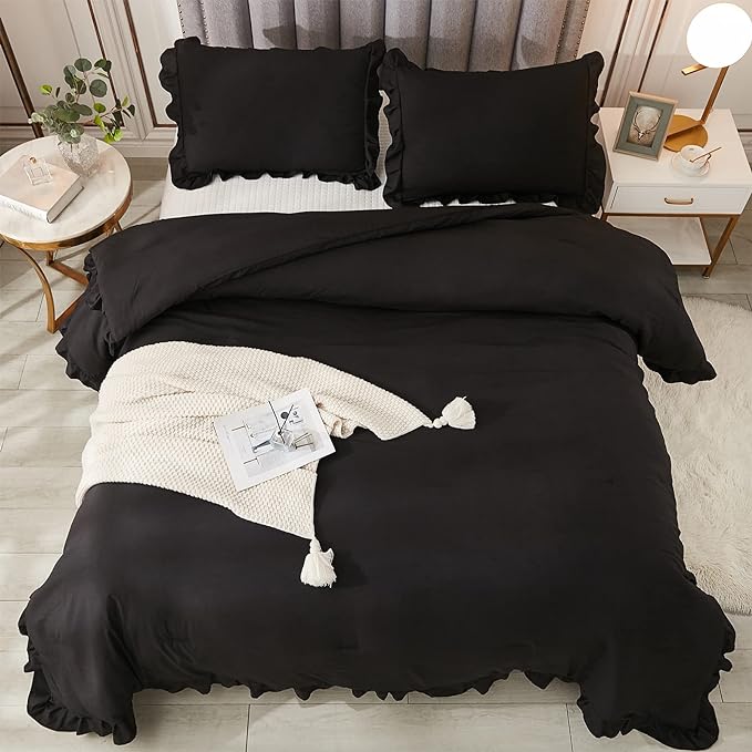 Andency Black Full Size Comforter Set, 3 Pieces Ruffle Farmhouse Shabby Chic Bedding Comforter & Sets, Soft Lightweight Fluffy All Season Down Alternative Bed Set for Boys Kids Men Women