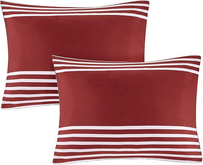 Comfort Spaces Comforter Sets with Sheets - Bed in a Bag 9 Pieces Teen Bedding Sets , Red and Grey Stripes Bedding Full, College Full Bed Set with 2 Side Pockets Bedroom Organizer