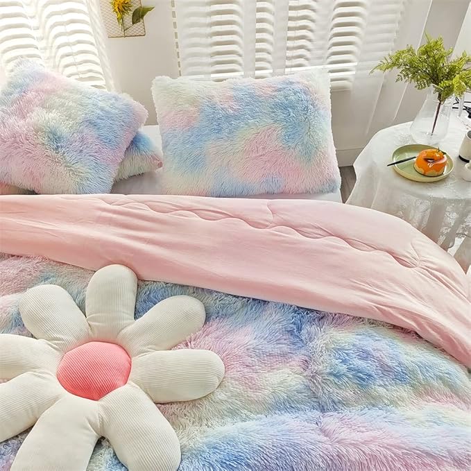 Faux Fur Kids Girls Sunshine Rainbow Comforter Sets King - 3PC Bed Set Warm Comfortable Soft Plush Flannel Velvet Fluffy Fuzzy Bedding（Comforter x 1 Pillowcases x 2）