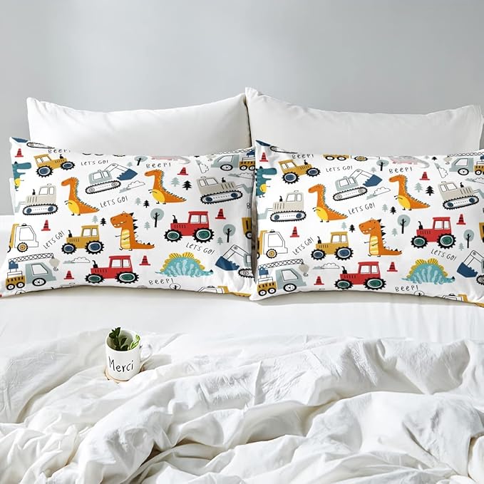 Feelyou Construction Comforter Set Kids Cartoon Dinosaur Comforter Cover Set for Boys Equipment Trucks Bedding Set Construction Vehicles Kawaii Jungle Dino Duvet Set Room Decor Quilt Set Queen Size