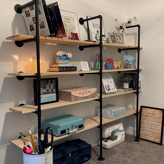 HITOMEN Industrial Iron Pipe Shelves, 3 Set 5-Tier, 70" Tall, 12" Depth, DIY Open Bookshelf Bookcase, Wall Mounted Vintage Retro Shelving, Rustic Farmhouse Pantry Kitchen Storage, Black Shelf Brackets