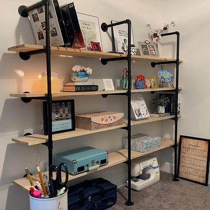 HITOMEN Industrial Iron Pipe Shelves, 3 Set 5-Tier, 70" Tall, 12" Depth, DIY Open Bookshelf Bookcase, Wall Mounted Vintage Retro Shelving, Rustic Farmhouse Pantry Kitchen Storage, Black Shelf Brackets