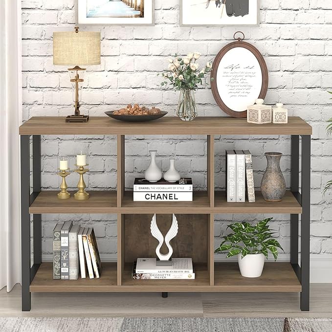 FOLUBAN 6 Cube Storage Organizer with Shelf, Industrial Horizontal Bookshelf, Low Cubby Bookcase for Living Room Bedroom, 47 Inch Oak