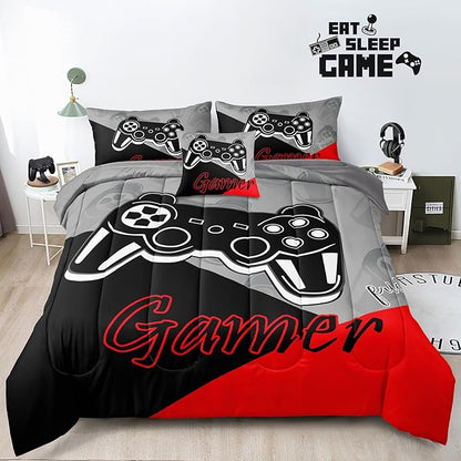 6 Pieces Gaming Bedding Set Full Size for Boys Gamer Comforter Set for Boys Girls Kids Teens 6 Piece Bed in A Bag Video Game Bedding for Gamer Room Decorative Full08