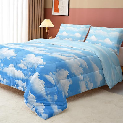 Axolotl Blue Cloud Comforter Set Queen,Light Blue Bedding Set,Cloud Sky Comforter Set Blue Sky and White Clouds Design Bedding Set,Sky Blue Comforter for Kids Girls Boys Teens,1 Quilt 2 Pillowcases