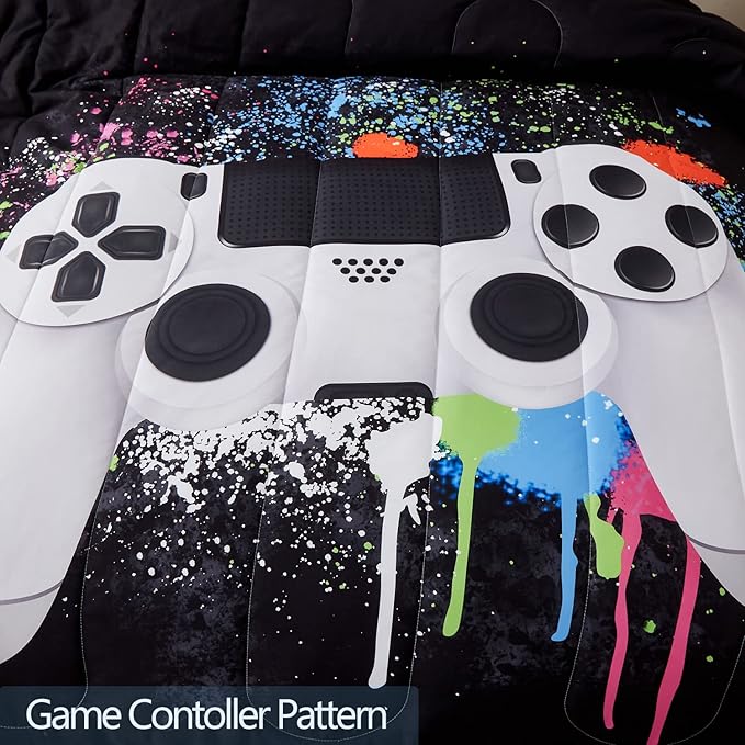 Gamer Bedding Sets for Boys, Full Size 3-Piece Gaming Comforter Sets for Kids Teens, Soft Microfiber Video Game Bedding Sets for Game Lovers, 1 Comforter and 2 Pillowcase(White,Full)