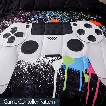 Gamer Bedding Sets for Boys, Full Size 3-Piece Gaming Comforter Sets for Kids Teens, Soft Microfiber Video Game Bedding Sets for Game Lovers, 1 Comforter and 2 Pillowcase(White,Full)