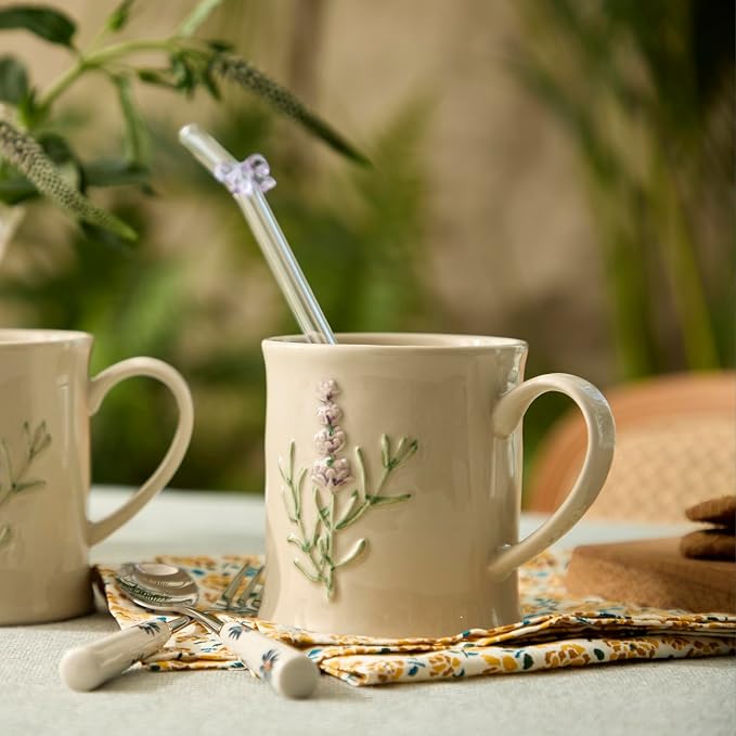 Artisanal Handcrafted Ceramic Mug with Sage Botanical Design - 10oz Off-White Stoneware Coffee Cup, Elegant Purple Sage Pattern, Dishwasher Safe, Comfort Grip Handle for Daily Use-4pack