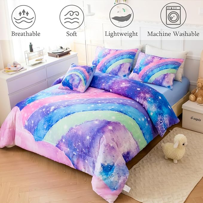 Rainbow Nebula Teen Bedding Comforter Set for Girls, Gradient Glitter Bedding Set Full Size, 3D Tie Dye Blue Comforter Bedding Sets, 6Pcs Bed in A Bag for All Season