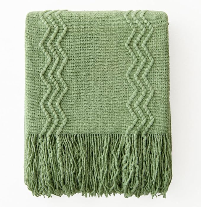 MIULEE Sage Green Knitted Throw Blanket for Couch Textured Spring Knit Blanket with Tassels Cozy Woven Boho Bed Blanket for Sofa Bed Chair Acrylic Wave Pattern 50"x60"