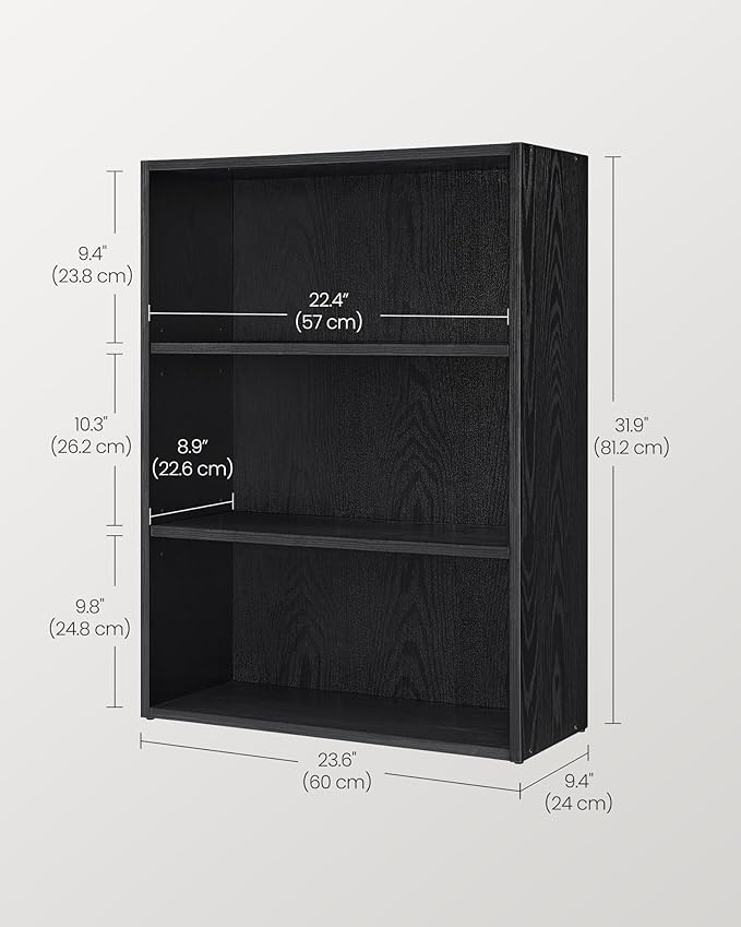 VASAGLE Bookshelf, 23.6 Inches Wide, 3-Tier Open Bookcase with Adjustable Storage Shelves, Floor Standing Unit, Ebony Black ULBC163T56