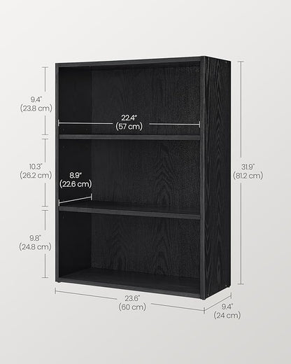 VASAGLE Bookshelf, 23.6 Inches Wide, 3-Tier Open Bookcase with Adjustable Storage Shelves, Floor Standing Unit, Ebony Black ULBC163T56