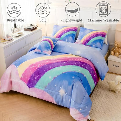 Aqua Blue Full Size Kids Comforter Sets for Girls, 6Pcs Colorful Rainbow Gradient Bedding Set, 3D Glitter Galaxy Bed in A Bag with Comforter, Sheets and Pillowcases for Teens