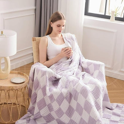 EMME Checkered Cotton Blanket Twin Large 60"x80" 100% Muslin for Couch Breathable Cooling Gauze All Season Soft and Lightweight (Lavender)