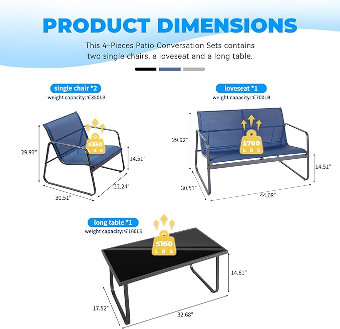 4 Piece Patio Outdoor Furniture Set with Strong Powder Coated Metal Frame One Love Seat, Two Single Chairs and one Table for Porch, Balcony, Backyad, Patio Conversation Set (Navy Blue)