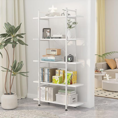Bookshelf 5 Tiers White Wooden Storage Shelf,Modern Open Display Storage Bookcase Book Organizer,Metal Bookshelf Standing Storage Shelf Tall Shelving Units for Home Office Study