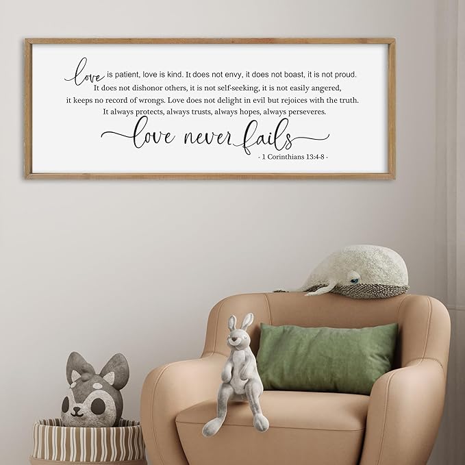 SRSZHIYUE Love is Patient Kind Sign Wall Decor Art 32"×12" 1 Corinthians 13 4-8 Master Bedroom Christian Wood Framed Large Wall Hanging (Wood)