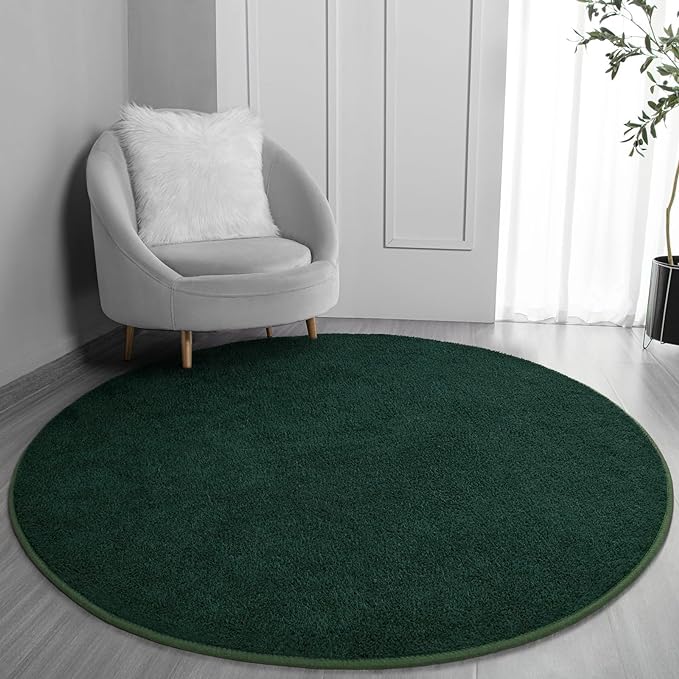 Round Area Rugs for Bedroom Living Room, 6x6 Dark Green Super Soft Comfy Thickened Memory-Foam Indoor Circle Carpet, Modern Aesthetic Minimalist Carpet for Boys Girls Adults Nursery Home Décor
