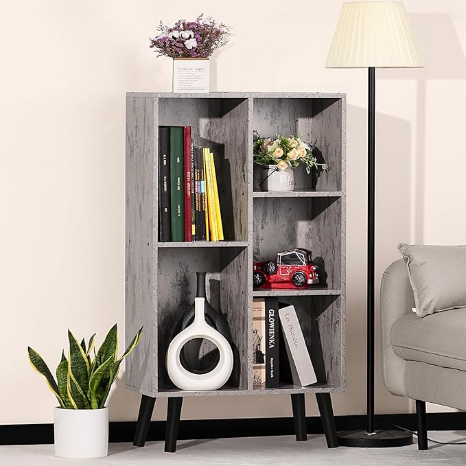 5 Cube Small Bookshelf,3 Tier Mid-Century Modern Bookcase with Legs,Wood Bookshelves Storage Organizer Shelf,Free Standing Narrow Book Shelves,Rustic Grey Corner Bookcases for Bedroom,Living Room