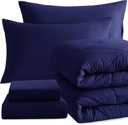 NTBAY Twin Comforter Set with Sheets, 5 Pieces Soft and Breathable Twin Bedding Set, Twin Bed in a Bag, Down Alternative Comforter Set Solid Color All Season, Kids Bedding Set, Navy Blue