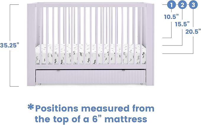 Delta Children Cassie 4-in-1 Convertible Crib with Underdrawer, Lilac + Simmons Kids Silver Nights Dual Sided 2-Stage Baby Crib Mattress (Bundle)