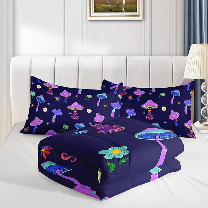 Colorful Mushroom Comforter Set Twin Size Kids Trippy Mushroom Bedding Set Hippy Star Eye Theme Quilt Bed Set for Boys Girls Adults with 1 Comforter and 2 Pillowcases