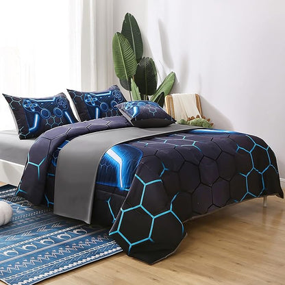 JQinHome Full Gamer Comforter Set,6 Piece Bed in A Bag 3D Video Game Bedding -All Season Down Alternative Gamer Bedding Sets - (Blue Game Controller)