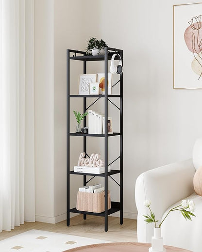 Bookshelf, Book Shelf, Industrial Bookcase with 2 Hooks, Coner Shelf Storage Organizer for Home Office, Living Room, Bedroom, Kitchen, 5-Tier Black BC10504B
