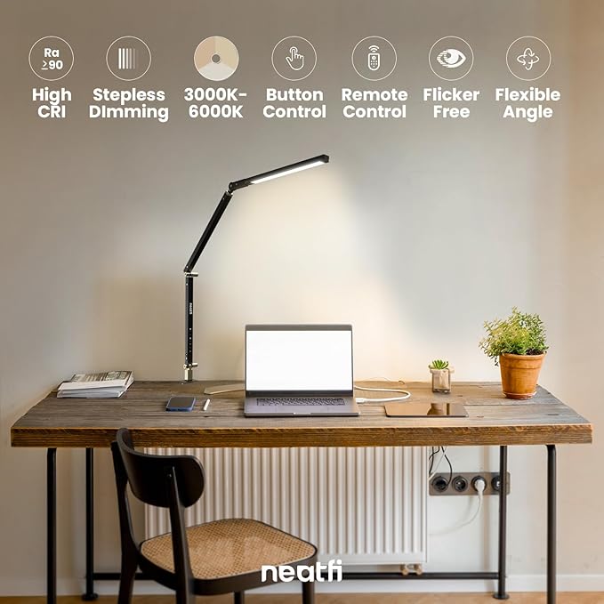 Neatfi LED Desk Lamp with Clamp, Touch & Remote Controlled, Stepless Dimming, 3 Color Modes, 3000-6000K, Detachable Shade, Flicker-Free, 360° Rotation, Wide Angle Lighting (Modern, Black)