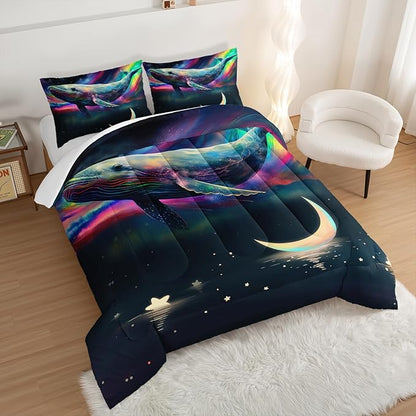 HOSIMA 3D Whale Galaxy Bedding Comforter Sets,Stars Moon Comforter Starry Room Decor Aesthetics,Ocean Theme Marine Life Whale Comforter with 2 Pillowcases Twin Bed in a Bag Sets for Adults Kids.