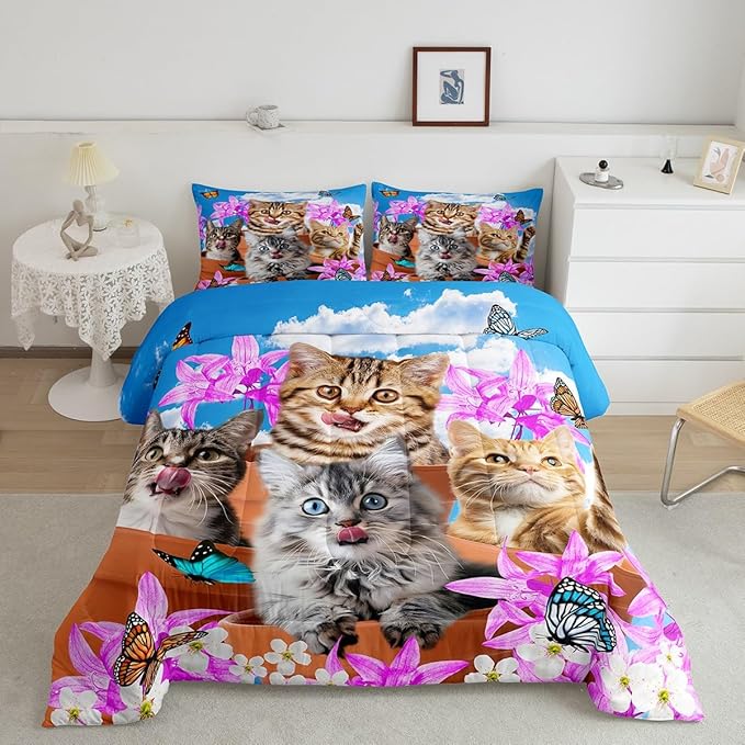 Feelyou Kids Cute Cat Bedding Set Cartoon Pet Cats Kittens Comforter Set Cat Lovers Animal Themed Comforter for Boys Girls Purple Floral Butterflies Print Comforter Room Decor King Size Boys